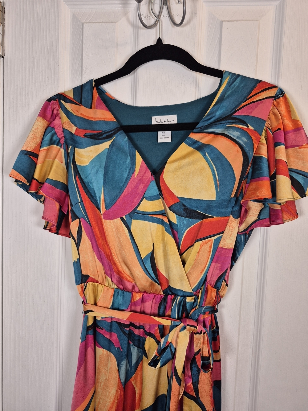 Nicole Miller Flutter Sleeve Ruffle Wrap Midi Dress Abstract Art Print S - Picture 4 of 8